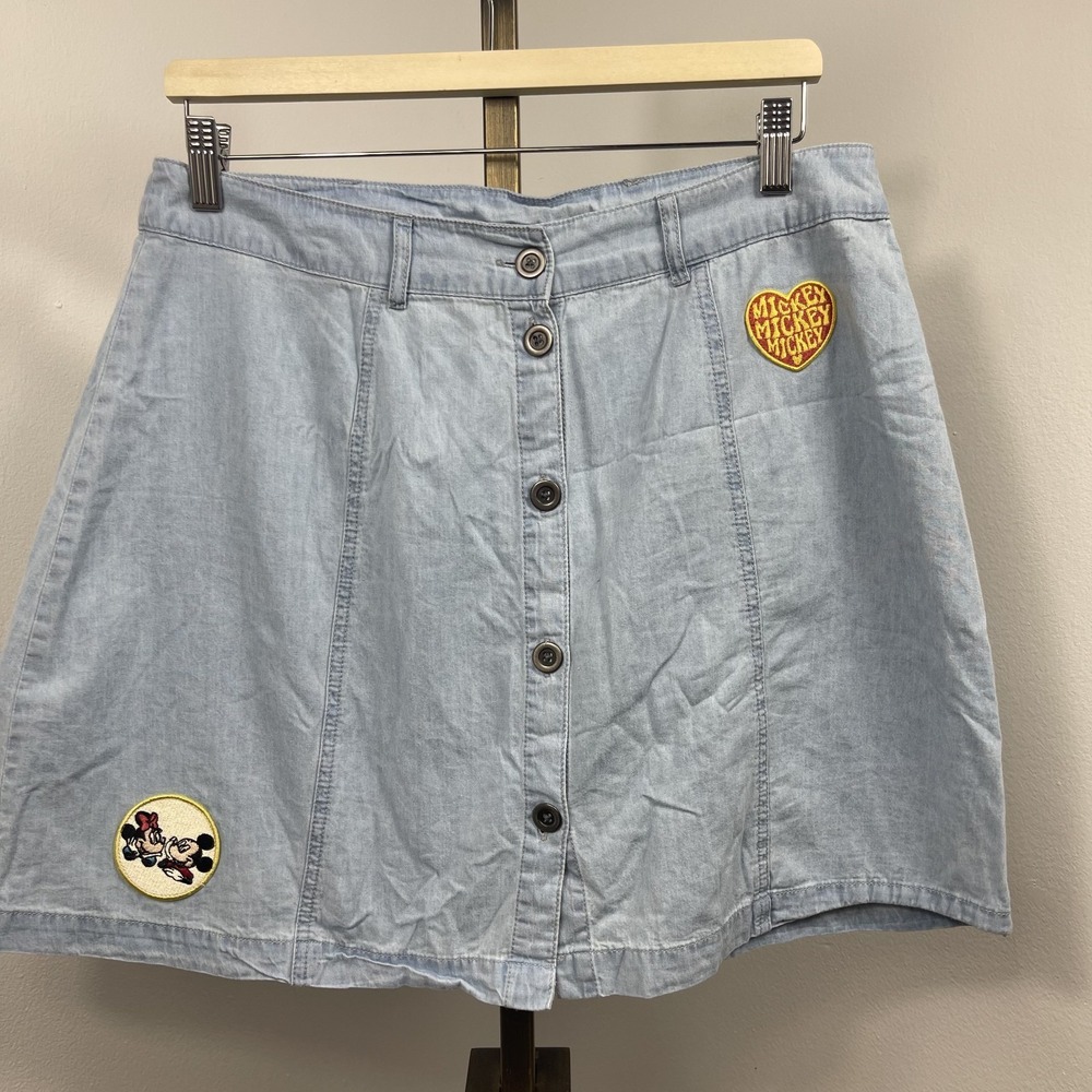 Disney Skirt Womens Size L Blue Mickey & Minnie Denim Button Fly Y2K Travel